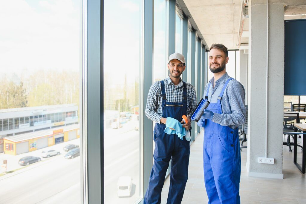 A man cleaning windows. cleaning team of men washes the windows